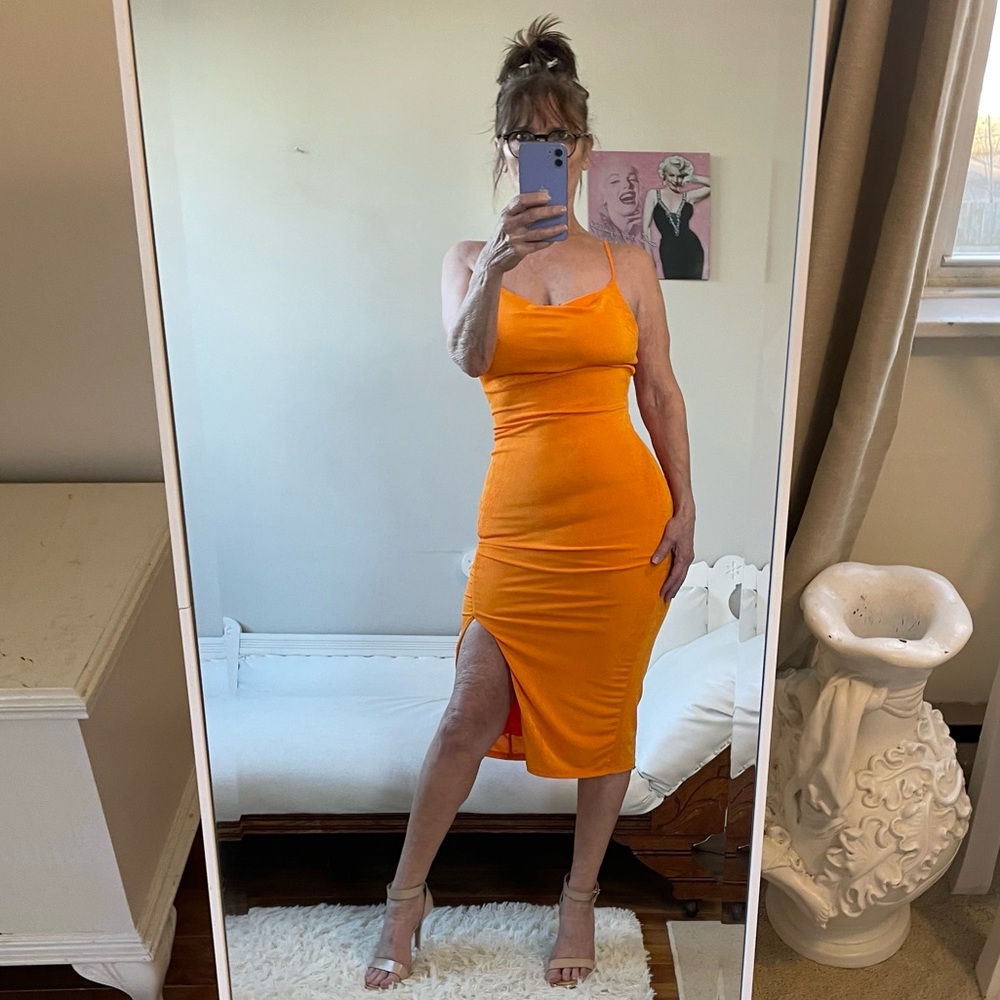 VINTAGE ORANGE SLIP DRESS STRAPS LINED SLIT RUCHED STRETCH FORM FIT COWL NECK